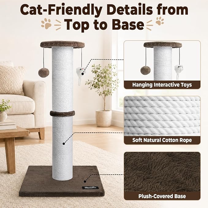 34-Inch Tall Cat Scratching Post for Large Cats, Stable Base, Brown | Heavy-Duty Cat Scratcher, Extra-Tall Thick Post, Soft Natural Cotton Rope, Hanging Interactive Cat Toys, Indoor Cat Furniture - Image 4