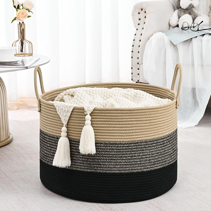 67L Large Woven Blanket Basket, Cotton Rope Baby Laundry Hamper with Handles, Kids Toy Basket for Classroom & Nursery, Soft Round Stuffed Animal Storage, Dog Toy Bin - 20"x13", Black & Brown - Image 4