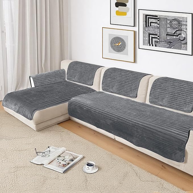 NAISI Couch Covers for Dogs Waterproof Flannel Striped Sofa Cover Pet Friendly Washable Dog Mat for Couch Anti Slip Sectional Sofa Slipcover Protector(2pcs/35"x63"+35"x70",Dark Grey) - Image 4
