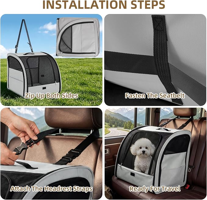 Dog Car Seat for Small Medium Dogs & Cats, Soft-Sided, Gray | Collapsible Pet Travel Carrier, Breathable Mesh, Car Kennel Secured with Seatbelt, Washable Pad, Enclosed Backseat Dog Crate - Image 4