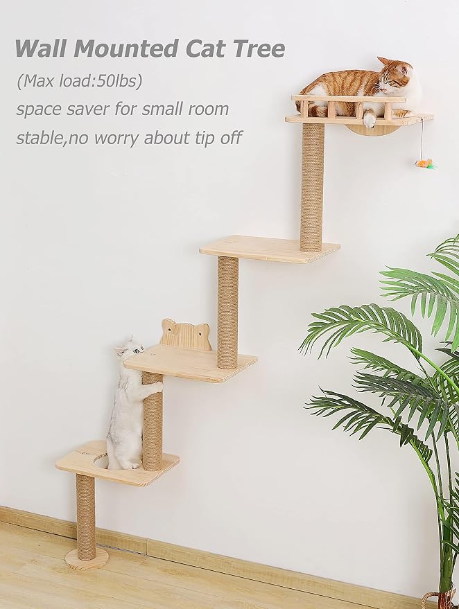 Cat Tree Wall Mounted with 4 Levels Shelves, 73" Wood Corner Tower Inside Kitten Scratching Post for Climbing,Perching and Lounging (Left to Right) - Image 2