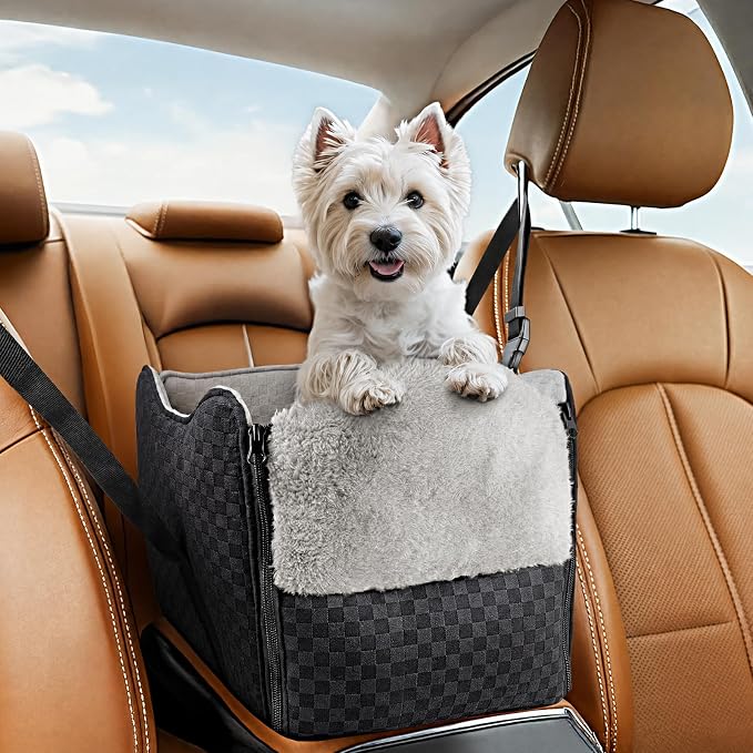 BONTHEE Center Console Dog Car Seat for Small Dogs- Anti-Collapse Design with Soft Plush & Sturdy Support Board, Adjustable Safety Leash for Small Dogs & Cats up to 15 lbs by BONTHEE