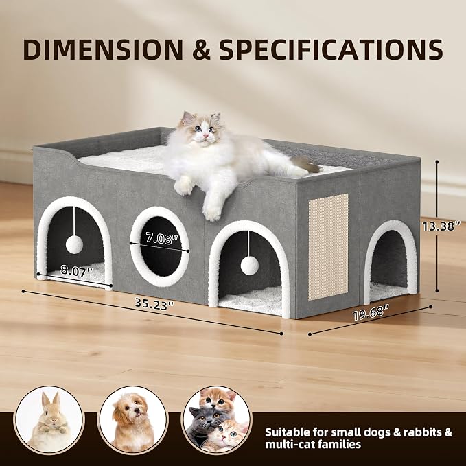 Top Bed Three Rooms Cat Condos,All-in-1 Extra-Wide Cat House for Indoor，Multi Cats Puppy Family, Large Cat Cave for Pet House with Fluffy Ball Hanging and Scratch Pad, Foldable Hideaway - Image 4