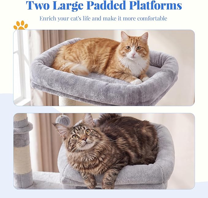 Hey-brother Cat Tree, Multi-Level Tower with 3 Condos, Hairbrush, MPJ035-MW | 74 Inches XL Large Scratching Posts for Indoor Cats and Kittens, 2 Wide Platforms, 2 Plush Baskets, Toy Balls, Light Gray - Image 4