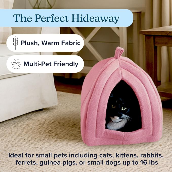 PETMAKER Cat House Indoor Bed with Removable Foam Cushion, Pink | Plush Cat Tent Bed for Small Kittens, Rabbits, Guinea Pigs, and Other Small Animals, Comfortable Cozy Pet Hideaway - Image 2