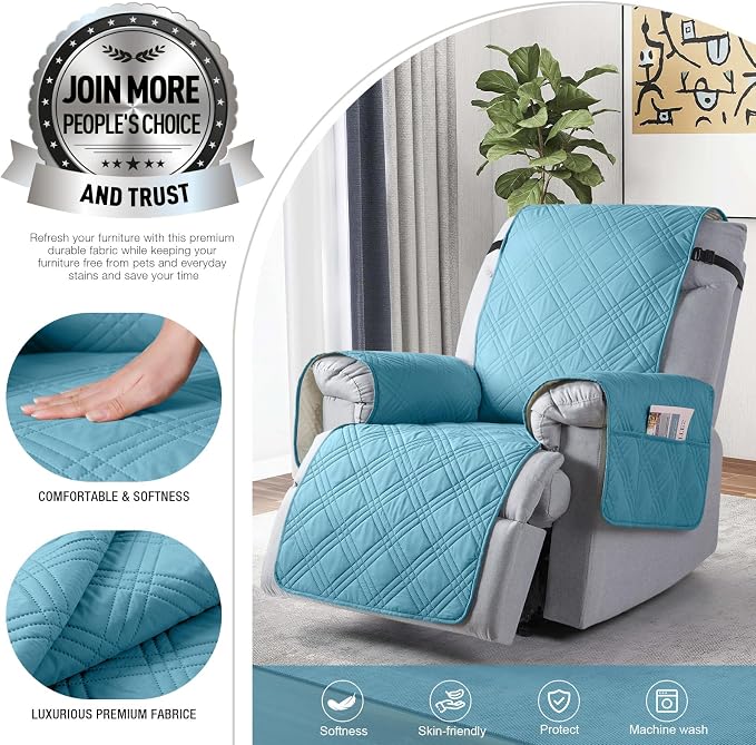 TAOCOCO Waterproof Recliner Chair Cover for Large Recliner, Oversized Recliner Covers for Recliner Chair with Pocket, Recliner Slipcover Furniture Protector for Kids Pets(28'', Sky Blue) - Image 3