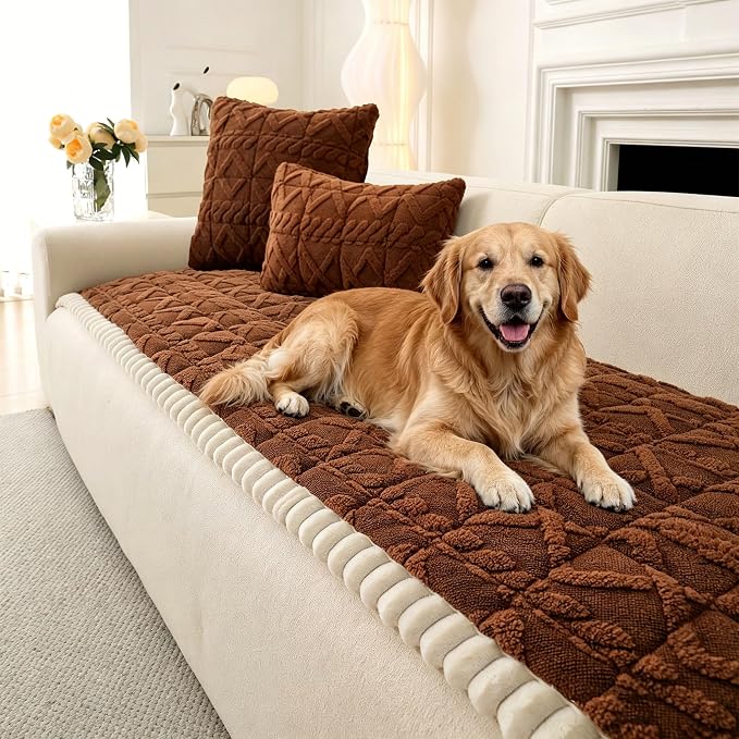 OTOB All Season Couch Cover for Dogs Washable, Geometric Jacquard Non Slip Soft Fuzzy Pet Couch Covers for 3 Cushion Couch, Cozy Plush Sofa Slipcovers Protector Dog Mat (Dark Coffee, 27.6" x 82.7") by OTOB