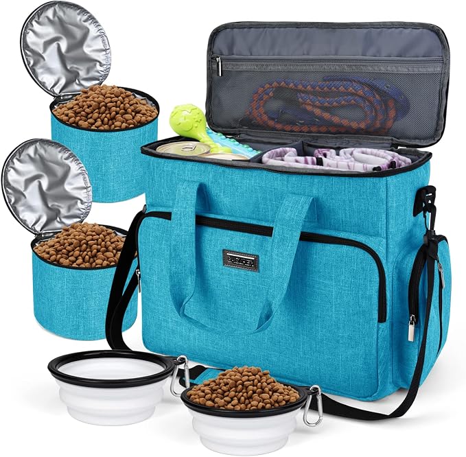 BAGLHER Dog Travel Bag, Pet Travel Bag (ALL Pet Travel Supplies), With 2 Pet Food Containers and 2 Collapsible Silicone Bowls; Essential Kits for Pet Travel Sky Blue by BAGLHER