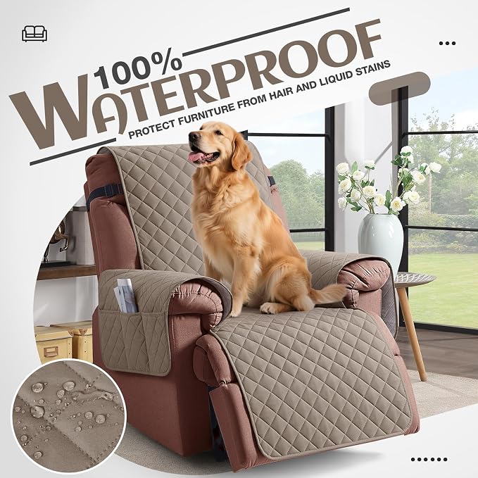KinCam 100% Waterproof Recliner Chair Covers Washable, 23.6", Taupe | Anti Slip Reclining Couch Covers for Pets Dog, Recliner Sofa Slipcover Storage Pocket, Furniture Protector with Elastic Strap - Image 3