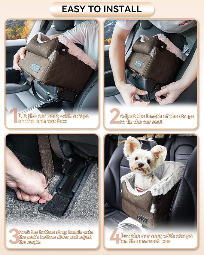 PETSFIT Dog Console Car Seat with Dual Adjustable Seat-Rail Anchor Hooks | Anti-Collapse Leather Armrest Booster Carseat with Safety Tether, Washable Cushion, Soft Pillow for Pets Under 8 lbs,Coffee - Image 6