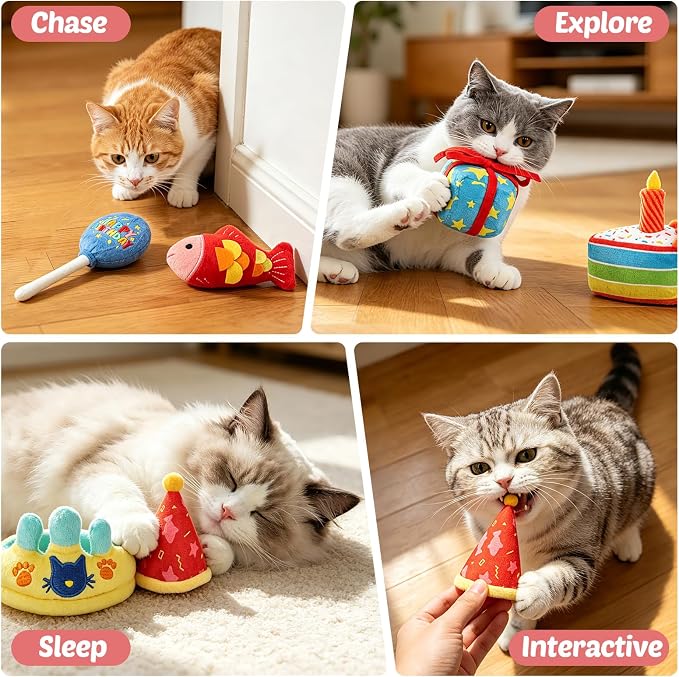 CiyvoLyeen Plush Birthday Catnip Toys for Indoor Cats 6 Pack | Interactive Birthday Cake Cat Chew Toys, Boredom Relief, Soft Durable Plush with Catnip, Funny Gift for Cat Lovers & Kitten - Image 2