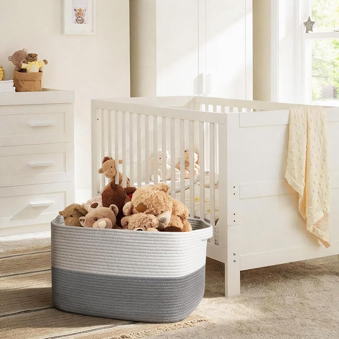 MEGASKET Extra Large Laundry Basket, Rectangle Woven Cotton Rope Storage Basket with Handles, Wicker Laundry Hamper, Farmhouse Storage Bin for Blankets Clothes Toys, Grey, 22" x 17" x 12" - Image 5