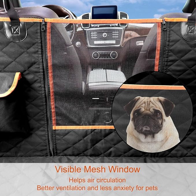 Femuar Dog Car Seat Cover, Waterproof Nonslip Pet Seat Cover for Back Seat with Storage Pockets Mesh Visual Window, Scratch Proof Pet Dog Seat Cover Hammock for Cars Trucks and SUVs, XL-Orange - Image 3