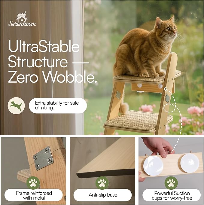 65" Tall 6-Level Cat Ladder for Window & wall | Fits Cats up to 20 lbs |Senior & Less Agile cat Stairs for Window with 55° Gentle Incline | Requires 43" Floor Clearance | No-Drill Glass Installation - Image 7