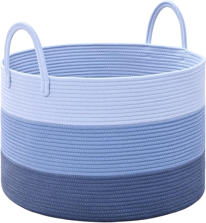 67L Large Woven Blanket Basket, Cotton Rope Baby Laundry Hamper with Handles, Kids Toy Basket for Classroom & Nursery, Soft Round Stuffed Animal Storage, Dog Toy Bin - 20"x13", Blue by Degeyoyo