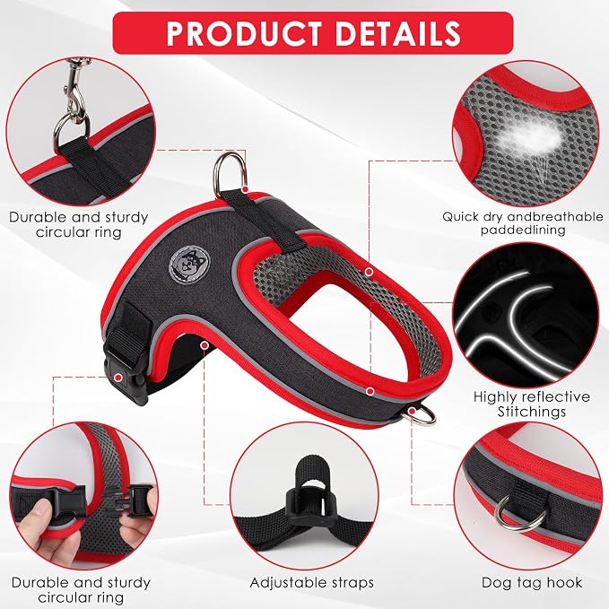Dog Harness and Leash Set, No Pull Saddle Style Pet Harness, Breathable Mesh Adjustable Reflective Dog Vest for Medium Small Dogs Harness 2 D-Rings, Black, S - Image 2