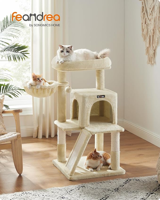 Feandrea Cat Tree, 37.8-Inch Cat Tower, Multi-Level Condo with Widened Perch, Scratching Posts and Ramp, 2-Door Cave, Hammock, Beige UPCT51M - Image 2