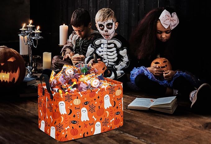 Rectangle Pumpkin Ghost Pattern Gift Storage Basket Home Shelf Storage Basket Organizer Box Clothes Laundry Hamper Nursery Basket Laundry Basket with Handles - Image 5