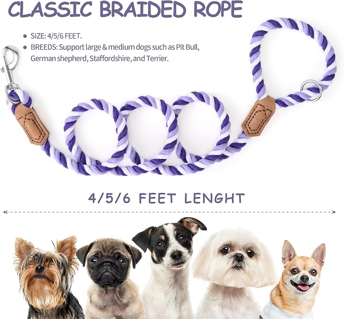 Mile High Life Rainbow Dog Leash Braided Cotton Rope w Leather-Wrapped Ends | Rust-proof 360° swivel clasp, Heavy-duty for medium/large breeds. Great for weddings, daily walks (4FT, 1/2", Purple) - Image 5