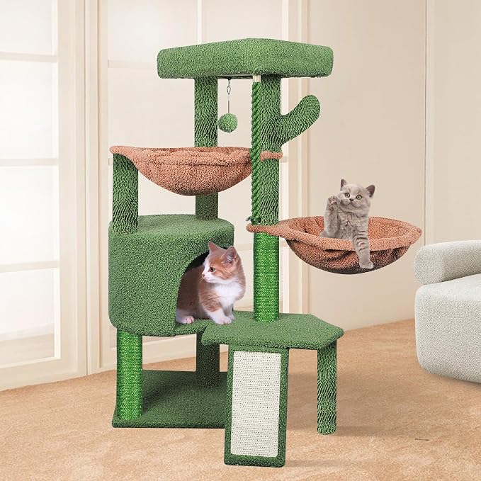 Wang Xin Three Layer Cat Tree with Cat Condo Scratch Pad and Two Hammocks,Green … - Image 2