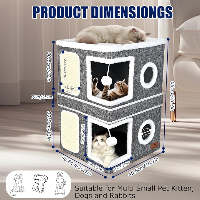 2-Story Cat House for Indoor Cats, Dual-Purpose Cave Bed with Scratch Pad and Fluffy Ball, Foldable Cat Hideaway, Cute Condo Furniture for Multi Small Pet Kitten, Grey - Image 2