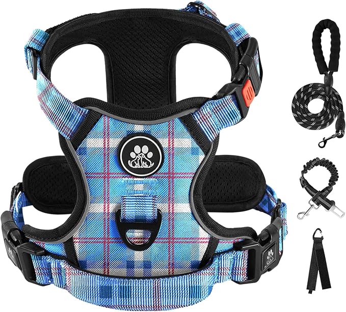 IVY&LANE No Pull Dog Harness with Leash Set, Reflective No Choke Pet Vest,Adjustable Oxford Dog Vest Harness with Easy Control Handle for Large Dogs (Checkered Blue,L) by IVYLANE