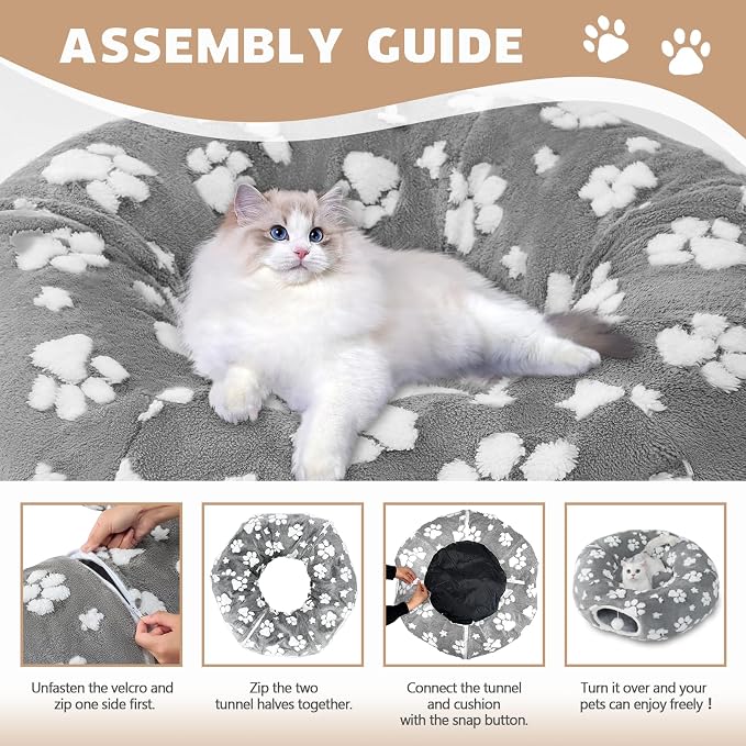 Cute Round Cat Tunnel for Indoor Cats, Grey | Peekaboo Cave with Dangling Balls, Pet Donut Tunnel Bed with Circle Mat for Puppy Kitten Rabbit - Image 7