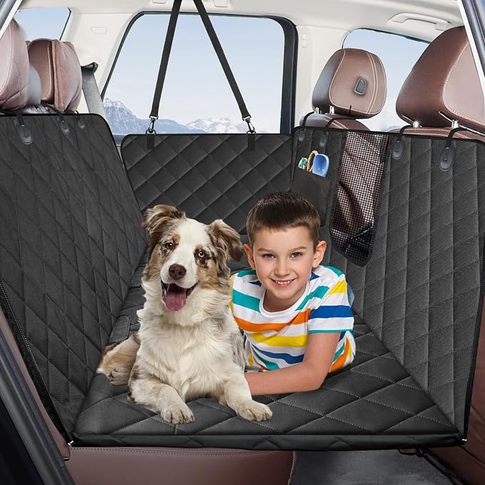 Kytely Hard Bottom Dog Car Seat Cover for Back Seat,Waterproof Car Hammock | 45% More Space, Support 400lb, Mesh Window, 600D Oxford, Anti-Scratch Nonslip Backseat Protector, Dog Seat Belt Included by Kytely