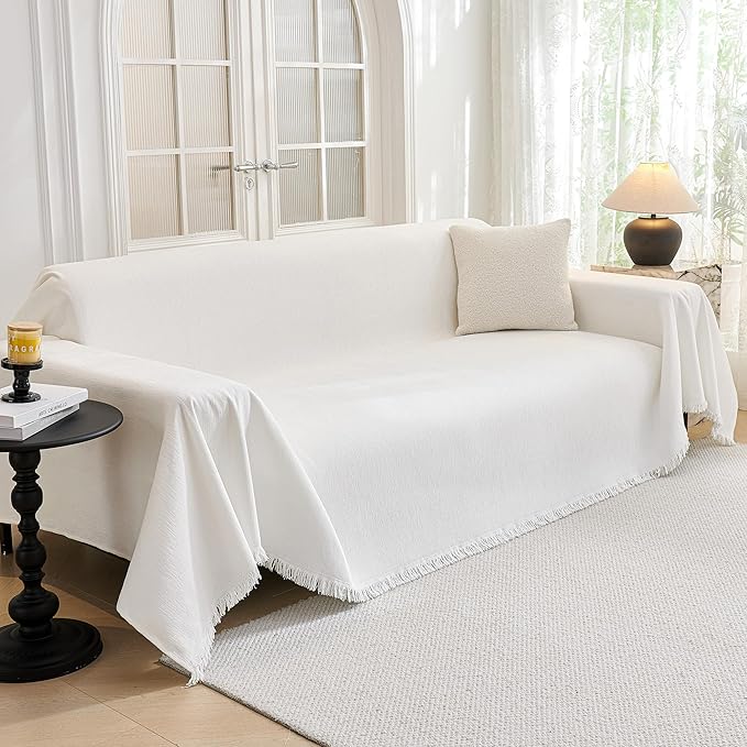 MYSKY HOME Couch Cover for Dogs Washable Couch Covers Couch Covers for Sofa Couch Cover 2 Cushion Sofa Non Slip Dogs Furniture Protector with Tassels Chenille Sofa Covers for Pets, 71"x102", White by MYSKYHOME