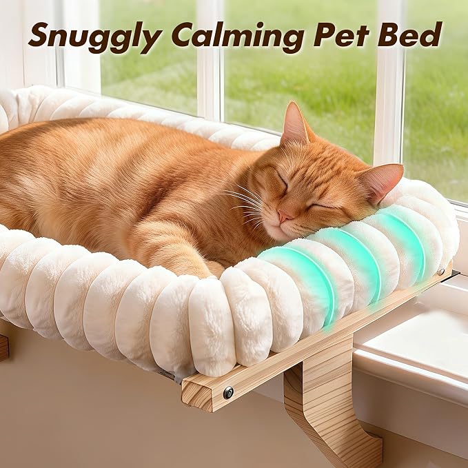Zoratoo Cloud-Soft Wooden Cat Window Sill Perch with Zipper Cushion,M White | 21.7’’x18’’, Removable for Machine Wash, Fluffy Plush Bolster, Sturdy Metal Frame for Large Cats up to 40lbs, Easy to Adjust - Image 2