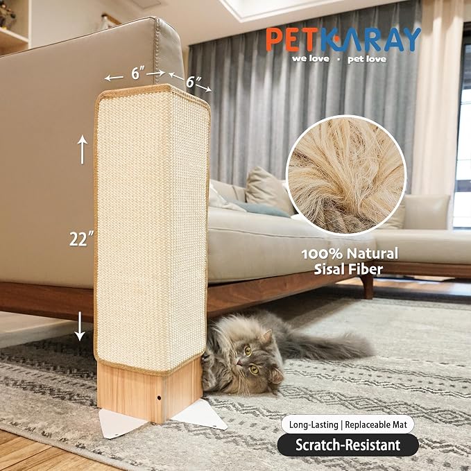 PETKARAY Couch Corner Cat Scratcher, 22" Corner Scratching Post Wall Scratcher, Sisal Furniture Protector for Sofa with Reversible Base, Small - Image 2