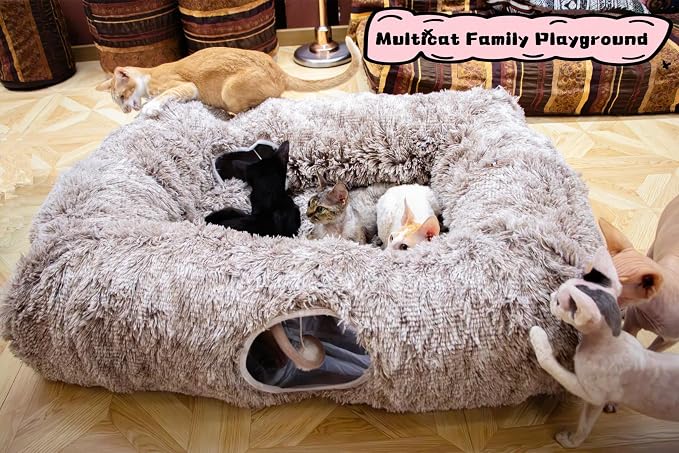 XxingSheep 4 Cave Shuttled XL Cat Tunnel Bed for Indoor Cats Peekaboo Toy Donut with Warm Mat, Yellow-Brown - Image 2