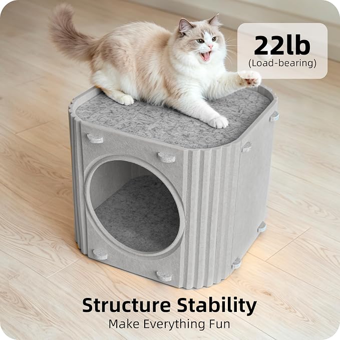 Cat House for Indoor Cats, Felt Cat Bed Cave, Scratch Resistant, Gray | Cat Hideaway Enclosed Bed, Thick Cat Bed Cave, Hideaway Cat Cave for Timid Cats, Sturdy Two-Tier Cat Condo & Cat Houses - Image 4