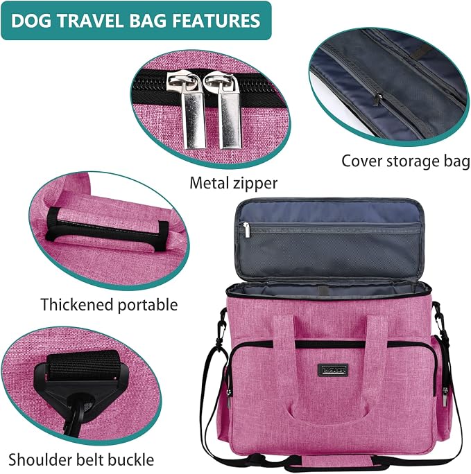 BAGLHER Dog Travel Bag, Pet Travel Bag (ALL Pet Travel Supplies), With 2 Pet Food Containers and 2 Collapsible Silicone Bowls; Essential Kits for Pet Travel Pink - Image 4