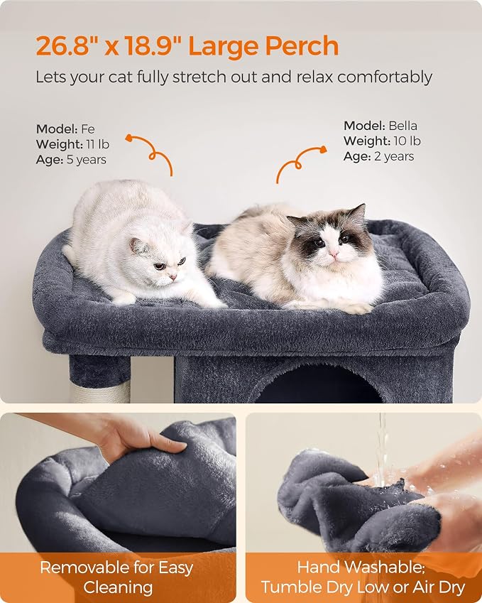 Feandrea Cat Tree, 40.6-Inch Cat Tower, Plush Condo for Extra Large Cats up to 44 lb, Large Perch, 2 Caves, Scratching Post, Smoky Gray UPCT614G01 - Image 3