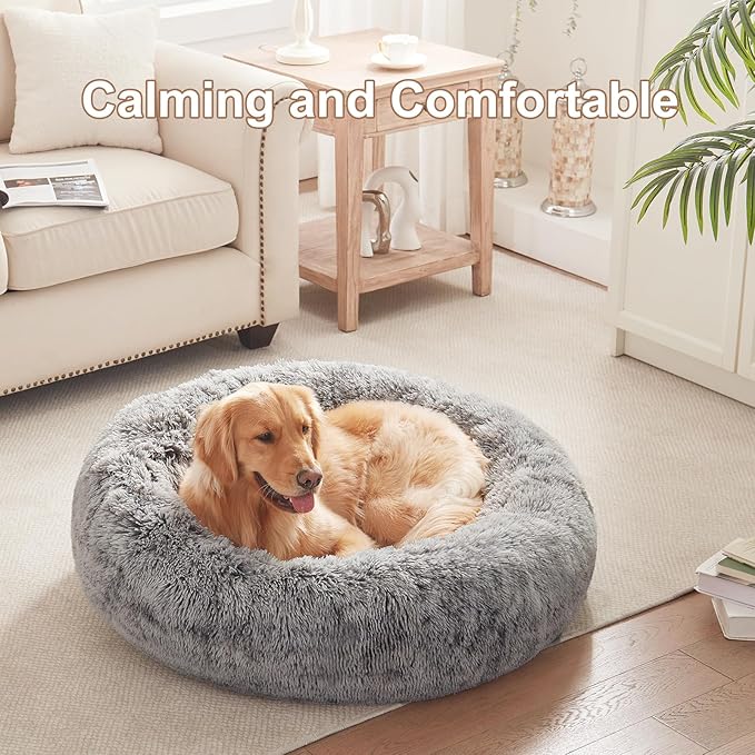 36 inches Faux Fur Fluffy Donut Dog Bed for Large Dogs,Dark Grey | Calming Plush Round Pet Bed with Removable & Washable Cover,Fits up to 80 lbs Pets - Image 2