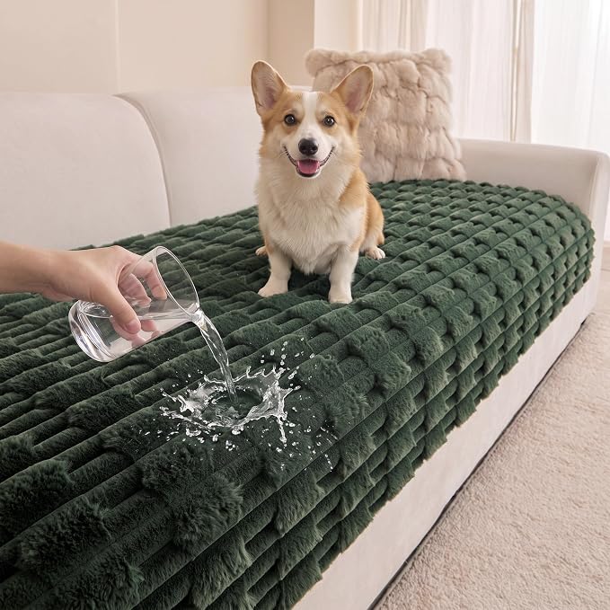 MYSKY HOME Couch Cover for Dogs, Plush Soft Sofa Cover Washable, Couch Covers for 3 Cushion Sofa Pet Friendly, Waterproof Non-Slip Durable Sofa Slipcover Furniture Protector, Moss Green, 35"x83" by MYSKYHOME