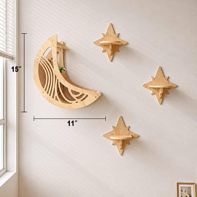 Moon & Star Cat Wall Shelves, Modern Cat Furniture Perch for Indoor Cats | Kitten Shelves with Decorative Cutouts, Space-Saving, Stable & Safe, Paintable, Pre-Drilled, Wood Cat Climbing System - Image 7