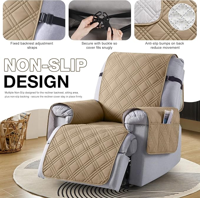 TAOCOCO Waterproof Recliner Chair Covers 30 Inch Wide, Oversized Recliner Covers for Recliner Chair with Pocket, Recliner Slipcovers with Straps Furniture Protector for Kids Pets (30'', Camel) - Image 6