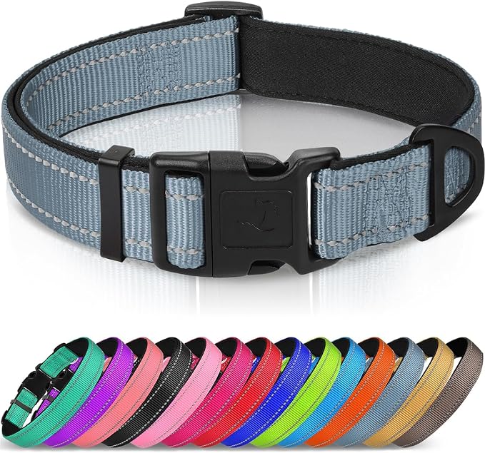 Joytale Reflective Dog Collar, Adjustable Neoprene Padded, Gray L | Breathable Nylon for Large Dogs, No Chafing on Walks and Outdoor Hikes, Tear-Resistant Webbing, Metal D-Ring, Night Safety by Joytale