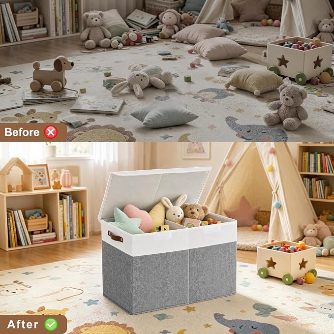 Bagnizer Large Toy Storage Box with Lids, Collapsible Sturdy Baby Storage Organizer Chest Bin Basket for Kids, Boys, Girls, Playroom, Nursery, Bedroom, Closet 25"x13"x16" (Gray and White) - Image 4