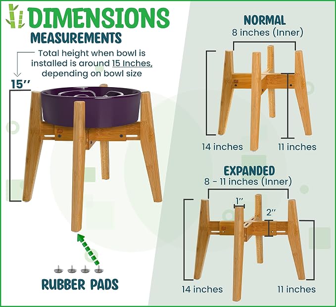 Dog Bowl Stand for Large Dogs - Adjustable, Bamboo | Use to Elevate, Raise Pet Food Water and Slow Feeder Bowls, Expandable with Locking Option, Non-Slip Feet, Stand Only - Image 5