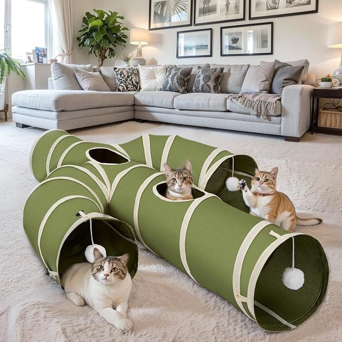 Ownpets Cactus Cat Tunnel 12" with Peek Holes for Indoor Large Cat, Green | Durable Oxford fabric, noise-free, foldable & connectable, multi-cat friendly, tube for cats up to 20lb, includes ball & wand - Image 6
