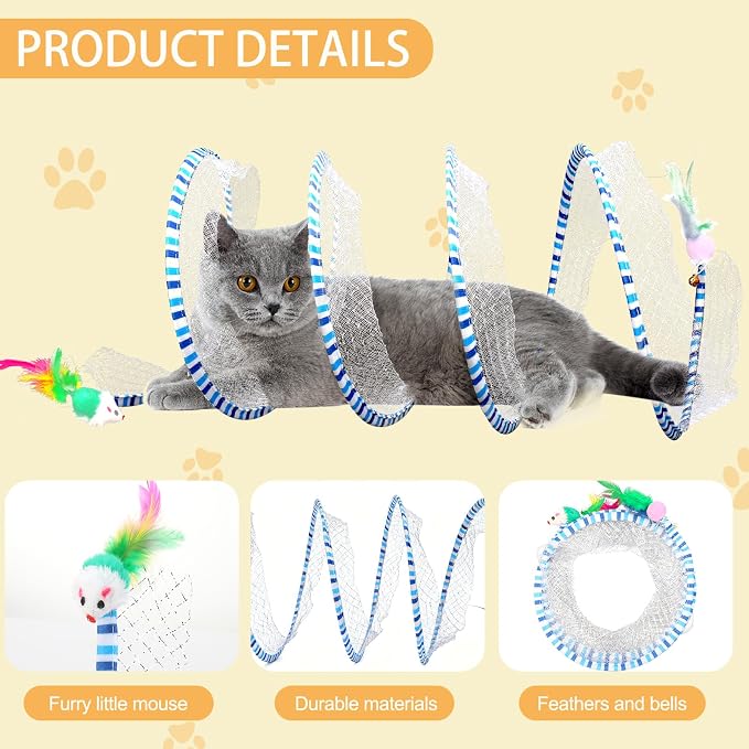 2-Pack Large Cat Tunnel Beds - Indoor & Outdoor,Kitten Collapsible Spring Tunnel Toy with Feather and Bell,Interactive Spring Toys for Cats & Kittens（Yellow and Blue） - Image 3
