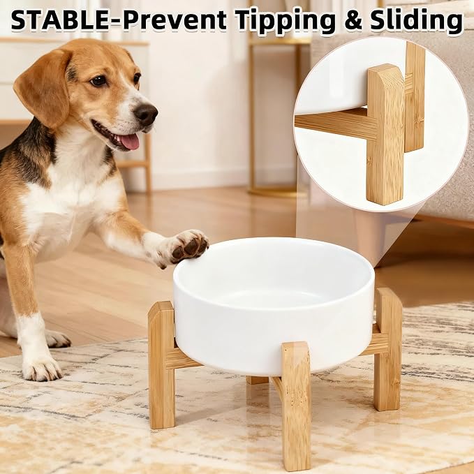 Elevated/Raised Ceramic Dog Bowl with Bamboo Stand，6 Inch 3.6 Cups Non Slip Heavy Weighted Single Pet Dish, for Small Medium Breed & Cats,Reduces Neck Strain White - Image 6