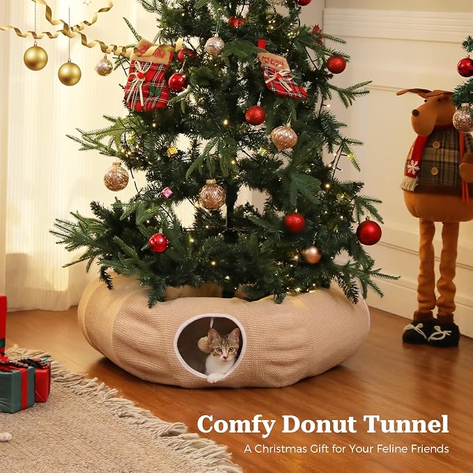 PEQULTI Beige Donut Cat Tunnel Bed Washable Plush Mat Multi for Small Pets | Round play tube with soft detachable plush mat, multi-pet toy fit indoor cats, kittens, puppies, rabbits and ferrets - Image 2