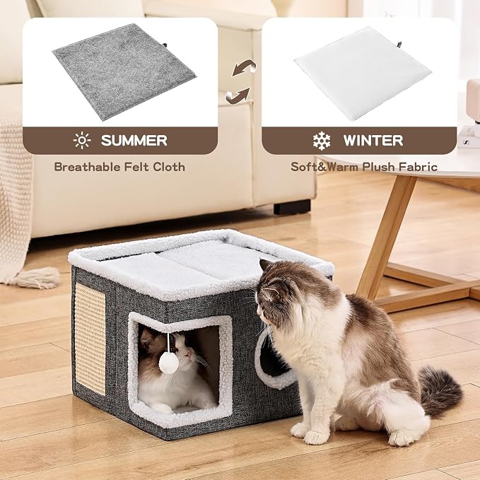 Large Cat Houses for Indoor Cats with Fluffy Ball and Scratch Pad | Foldable Cat Bed Cave for Multiple Pets, Kitten Bed for All Seasons, Non-slip, Hold Up to 30LBS, 16x16x13inch, Grey - Image 4