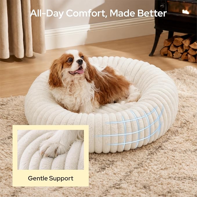 Bedsure ComfyFleece™ Donut Dog Bed Medium Size Dog with Washable Cover | 30x30x8in, Calming Round Pet Bed, Support Plush , with Removable Corduroy Fleece for Senior Dog,Anti Slip Bottom,Cream - Image 3
