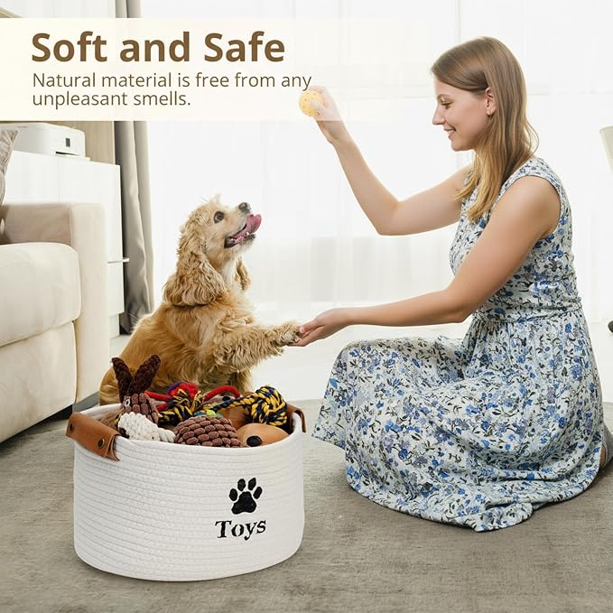 Dog Toy Basket Large, Quality Cotton Rope Dog Toy Bin (18x13x10’’) | Cute Paw Print Large Basket for Dog Toys, Portable Toy Storage Organizer with Handles for Pet Supplies, Toys & Accessories - Image 6