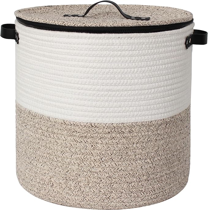 Storage Basket with Lid, 15"x13" Round Woven Blanket Storage for Living Room, Decorative Cotton Rope Hamper with Zipper Top, Wicker Basket with Lid, Floor Covered Kids Dog Toy Bin by Unknown